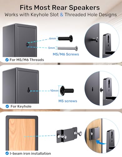 Image of Rear Speaker Wall Mount, 2 Packs Universal Mounting Bracket for Small Bookshelf Speakers, Swivel & Tilt, Works with Klipsch, Lg, Polk, Sony & Others, fits Keyhole and Thread Hole, Hold up to 32 lbs