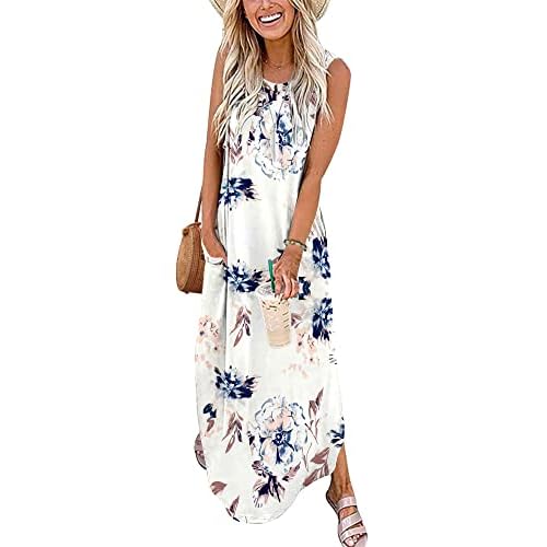 WNEEDU Women’s Maxi Dresses 2024 Summer Sleeveless Dress Casual Cover up Loose Sundresses Split Tshirt Dresses with Pockets