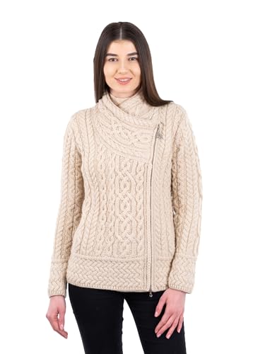 Image of SAOL Irish Cardigan for Women Made of 100% Merino Wool Ireland Sweater Cable Knit Zip Jacket