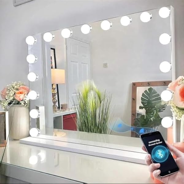 FENCHILIN Duże lustro z oświetleniem Bluetooth, 18 ściemniaczy LED, lustro do makijażu ze światłem, lustro Hollywood z 10-krotnym powiększeniem, lustro stołowe z USB 80 x 58