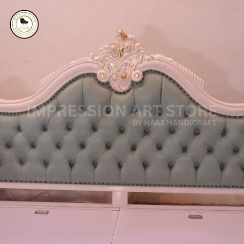 Image of Teak Wood Bed with Upholstered Head and Foot | Premium Teak Wood | White Color | King Size Bed | with Storage Box