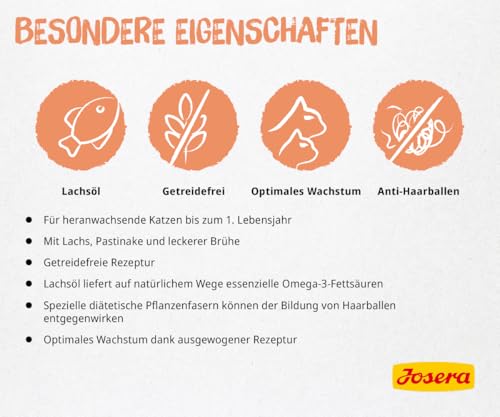 JOSERA Nassfutter Kitten Salmon (6 x 200 g) | Kitten | Premium Katzenfutter nass für wachsende Katzen | Lachs & Pastinake | mit Lachsöl | getreidefrei | Anti-Haarballen | Alleinfutter | 6er Pack