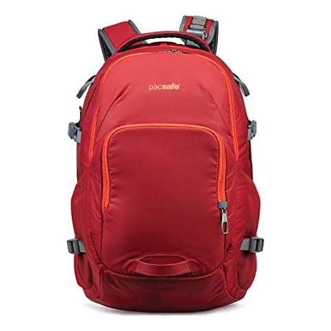 Pacsafe Venturesafe G3 28 Liter Rucksack, Anti-Diebstahl Technik, 100D Nylon Diamond Ripstop, Daypack, Wanderrucksack, Reisegepäck mit Sicherheitstechnologie, 28 Liter, Rot/Goji Berry Cover