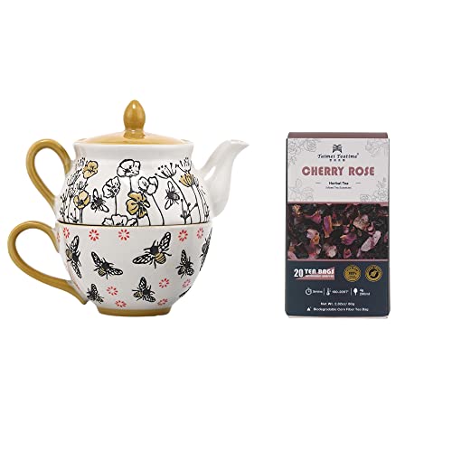 Taimei Teatime Ceramic Tea For One Set, 15Oz Teapot With Infuser And Cup Set, Teapot Set For One With Handpainted Bee And Floral Pattern, Tea Set For Women, Adults, Loose Leaf Tea/Tea Bag Maker Set #TOP28