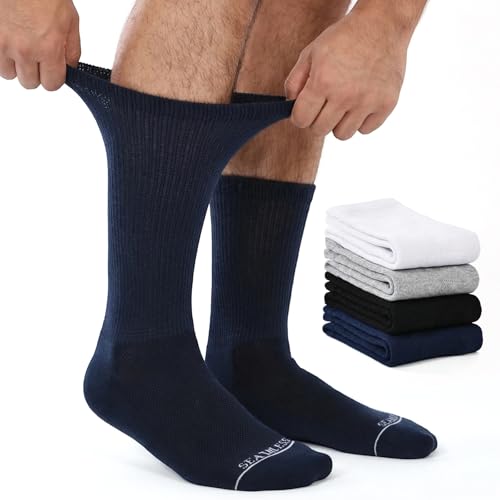 COsydstep Diabetic Socks for Men Non-Binding Diabetic Crew Socks Hand Linked Toe Seams Socks with Cushioned Sole Men Diabetes Socks for Neuropathy Swollen Feet & Legs 4 Pairs 7-10(L)
