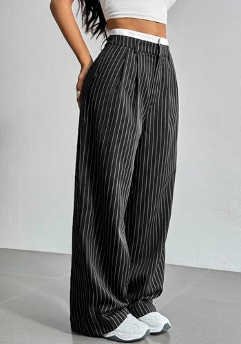 LKOUS Dress Pants Women High Waist,Casual Work Wide Leg Pant Striped Straight Trousers with Pockets2