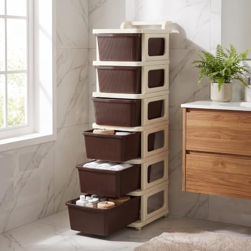 Image of Heavy Duty Plastic Storage Drawer with Wheels | Modular Cabinet for Bedroom, Office, Home or Classroom| Chest of Drawers Organiser for Cosmetics, Kitchen items, Toys (Brown, 6)