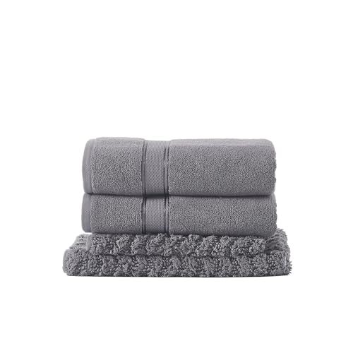 Image of Better Trends Chelsea Collection, 3-Piece Bathroom Set with Toilet Rug and Towels, 100% Plush Cotton, Machine Washable and Water Absorbent Bath Linens, Gray Chevron Pattern