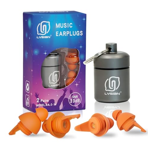 Image of LYSIAN High Fidelity Concert Ear Plugs, 23dB Noise Reduction Musician Earplugs for Concerts, Festivals & Raves, Reusable Soft Earplugs with Aluminum Case, 2 Pairs, Orange