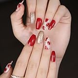 Kistreao Valentine's Day Press On Nails Medium Coffin - Shiny Red Heart Fake Nails Designs for Valentines Day Nail Accessories Decoraions Acrylic Fake Nails Stick Glue on Nails Kit -24pcs