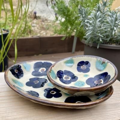 ヤチムン 花紋 オーバル皿・小鉢 2枚セット エドメ陶房