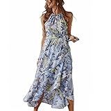 YOXUA Women's Halter Neck Boho Floral Print Summer Casual Sleeveless Wrap Ruffle Hem Maxi Dresses wi