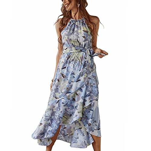 Yoxua Women's Halter Neck Boho Floral Print Summer Casual Sleeveless Wrap Ruffle Hem Maxi Dresses With Belt #TOP6
