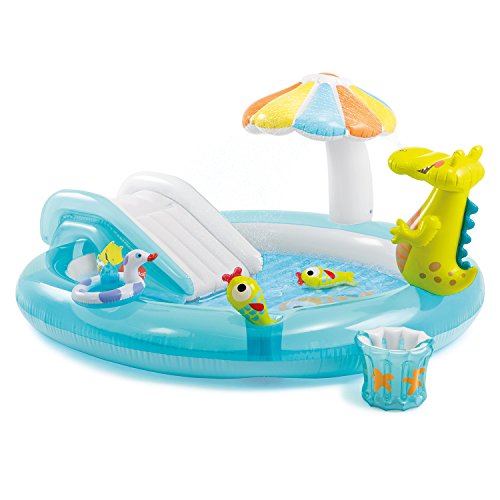 Kids-Inflatable-Pool This Kiddie Blow Up Above Ground Swimming Pool Is Great For Toddlers, Children To Have Outdoor Water Fun With Slide, Toys, Floats. Gator Play Center with Sprayer.