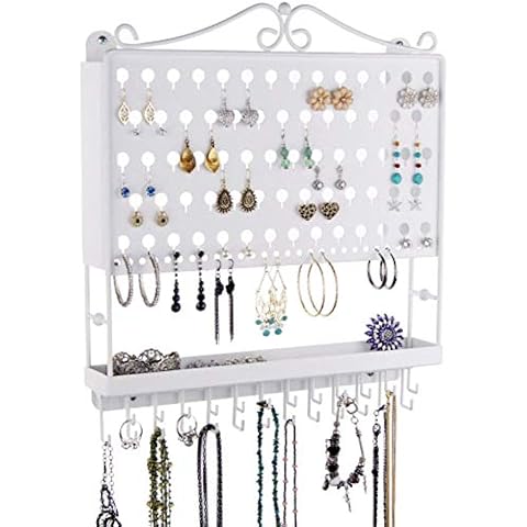 Angelynn's Wall Mounted Earring Holder and Necklace Organizer with Tray, Hanging Closet Jewelry Storage Rack, AAA White Cover