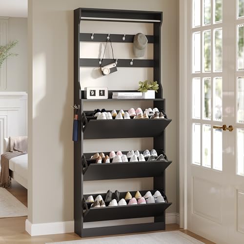 Wodeer Tall Shoe Cabinet with Coat Rack, Hidden Shoe Storage