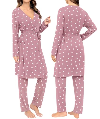 Image of SWOMOG Maternity Nursing Robe Set 3 Piece Breastfeeding Pajamas 3 in 1 Labor Delivery Sleevless Tops&Long Pants Pregnancy Pjs