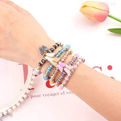 Candy Color Beaded Bracelets For Women Colorful Butterfly Charm Elastic Surfer Heishi Pearlescent Clay Beads Bracelets Set Bohemian Stackable Friendship Bracelets Summer Jewelry Gifts For Girls #TOP2