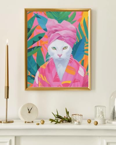 Tropisk Konst Tavla med Katt i Rosa Badrock, Djungel Blad Design, Modern Väggdekoration
