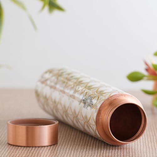 Image of INDIAN ART VILLA Copper Gold Print Copper Bottle, Copper Drinkware, 800 ML, Gold Printed White