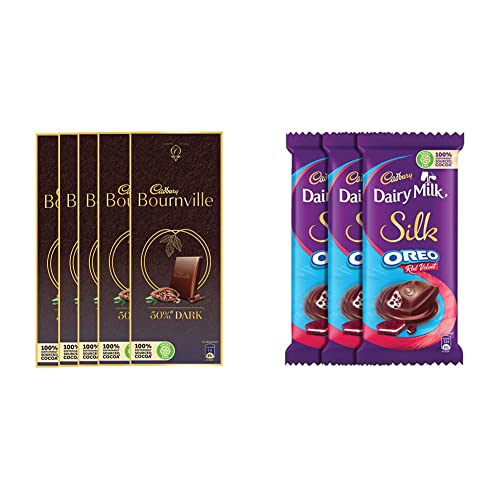 Image of Cadbury Bournville Rich Cocoa Dark Chocolate Bar, 80 gm (Pack of 5) & Cadbury Dairy Milk Silk Oreo Red Velvet, 130g - Pack of 3