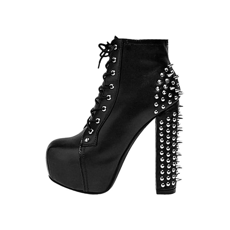 blingqueen Damen Plateau Stiefeletten Blockabsatz Punk Biker Boots Schnürstiefeletten Glattoptik Schwarz 43 EU