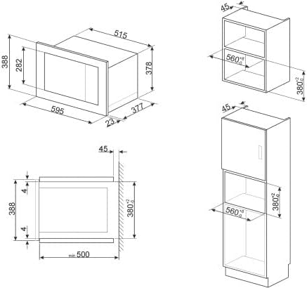 Technical drawing showing dimensions for the Smeg FMI625CN built-in microwave, including width, height, depth, and required cabinet opening sizes.