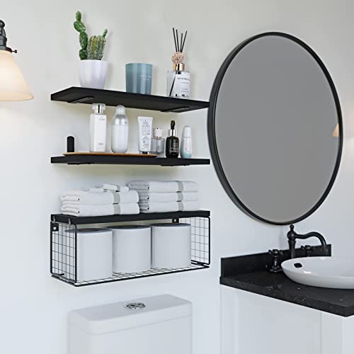 Homcytop Floating Shelves Wall Mounted, Bathroom Shelf Organizer Over Toilet With Paper Storage Basket, Rustic Farmhouse Wall Shelves Brackets For Wall Decor, Kitchen, Bedroom, Living Room (Black) #TOP4