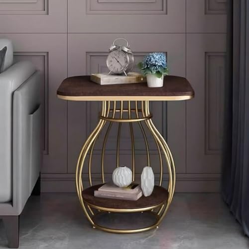 Image of Modern Side Table Corners Living Room Square Table Double Tier Sofa Side Table,Round Base Coffee Table,Portable Bedroom Nightstands Small Space (Gold Brown)
