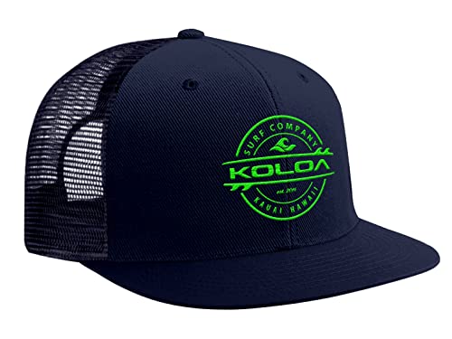 Joe's USA, Koloa Surf Thruster Logo Mesh Back Trucker Mens Hat in Navy with Embroidered Green Logo