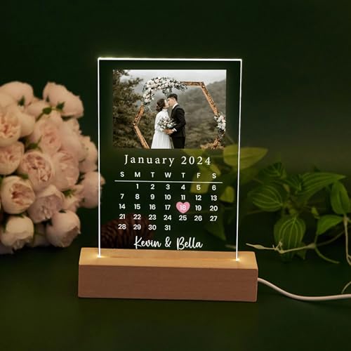 Image of Customized Photo Led Light With Adapter Frame for Couples | Personalized Picture Frame Wooden Stand | Custom Gift | Romantic Anniversary, Wedding, Birthday valentine's day for Gift Him or Her (Calendar Lamp)