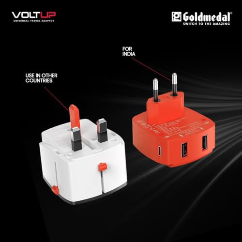 Image of Goldmedal Voltup Universal Travel Adapter with 2 Type-C & 2 Type-A USB Ports | PD Fast Charging Support | Compatible with Multiple Plug Types | Perfect for International Travel | Red & White
