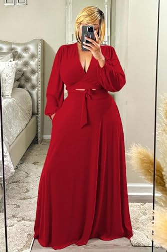 Image of Plus Size Women's 2 Piece Outfits Casual Long Sleeve Wrap Crop Top Maxi Long Dress Flowy Matching Sets
