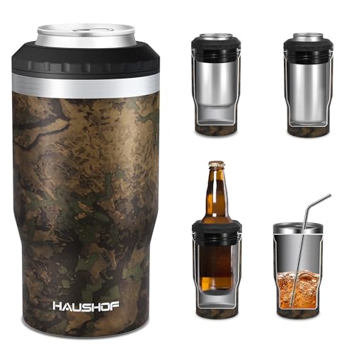 HAUSHOF 4-in-1 Insulated Can Cooler for 12oz Cans & Beer Bottle, Camo Green