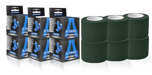 Image of A-Tape Breathable Self Adhesive Cohesive Bandage Wrap - Athletic Non-Woven for Sports, Medical Use, Injuries, Knee & Wrist Support - Suitable for Humans & Pets (F Green, 5cm Pack Of 6)
