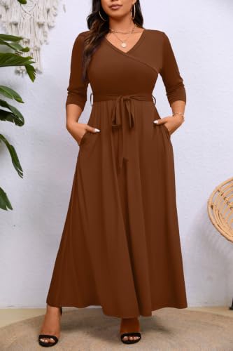 Image of Runwind Plus Size Dress for Women - 3 /4 Sleeve V Neck Maxi Dresses for Women (XL-6XL)