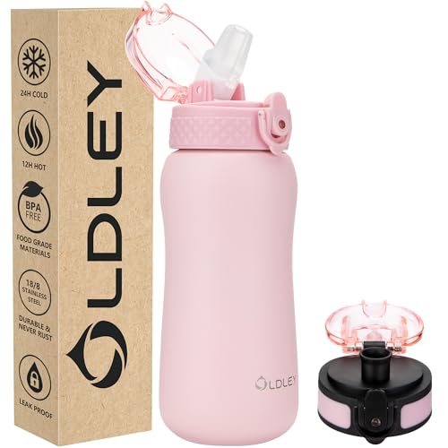 Oldley Insulated Water Bottle 12oz Water Bottles with Straw, Stainless Steel Water Bottle with 2 Lids, Double Wall Vacuum Bottels for Adults Kids, Leak-Proof Sport Bottles for School Travel, Pink