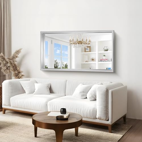 Image of 30x55 Silver Bathroom Mirror, Brushed Silver Rectangular Mirror for Wall, 0.6 inch Thickened Deep Frame Mirrors for Bathroom Sink, Shatterproof Tempered Glass, Antirust, Horizontally or Vertically
