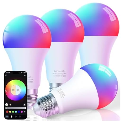 FRIDEKO HOME Smart Light Bulbs - Led Dimmible Color Changing Light Bulb for Home Works with Bluetooth Music Sync - A19 RGB Lightbulb for E26 Base with APP Control & Timer (4 Pack)