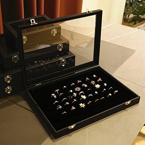 Image of BucketList Women's Velvet Glass Ring Earrings Jewelry Box - Display Storage Showcase Holder Organizer (100 Slot Ring Jewellery Box-Black)