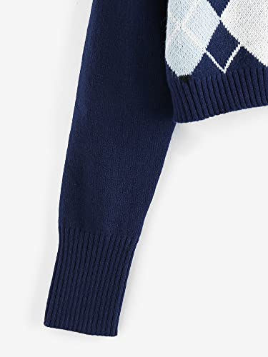 Zaful Women's Argyle Sweater Long-Sleeve V-Neck Plaid Knitted Crop Sweater Pullover Tops (1-Cobalt Blue, M) #TOP3