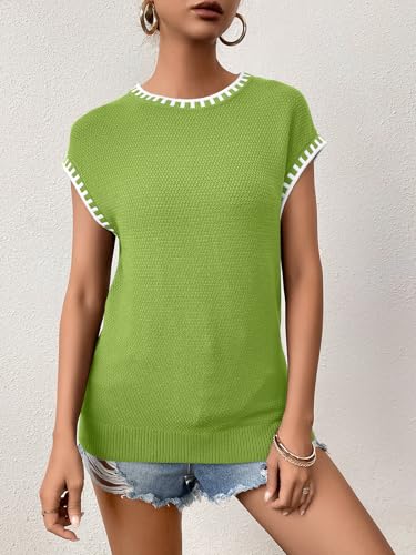 Image of Cap Sleeve Sweater Tops for Women 2026 Knit Summer Sleeveless Tank Vest | Slim Fit, Trendy Color Block, Soft, Skin-Friendly, Strechy, Lightweight, Breathable, Casual Daily Wear