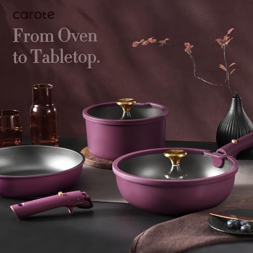 CAROTE 21pcs Pots and Pans Set, Nonstick Cookware Set Detachable Handle, Induction Kitchen Cookware Sets Non Stick with Removable Handle, RV Cookware Set, Gold and Purple by CAROTE - Image 6