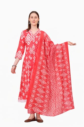 Image of Ethnic Villa Traditional Red Floral Anarkali Suit with Dupatta, Long Sleeve Cotton Dress Set, Printed Kurta Palazzo with Dupatta Set (Pack of 1)
