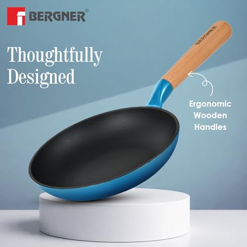 Image of BERGNER Excalibur Lightweight Cast Iron Frypan 20cm, Sturdy Wooden Handle, Non-Stick Coating, PFAS Free, Perfect Heat Distribution, Elegant Design - Induction and Gas Stove Ready (Blue)