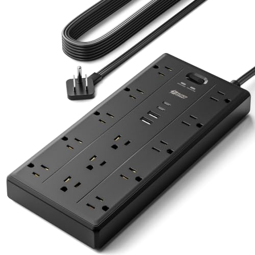 10Ft Extension Cord with Multiple Outlets Flat Plug Power Strip with 2100J Surge Protector 13 Outlets 2 USB A 2 USB C Desk USB Charging Station Home Office College Dorm Room Essentials Black