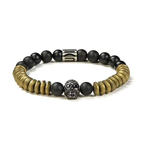 Morchic Natural Matte Onyx / Yellow Hematite Stone Beads with CZ Skull Stretch Bracelet - Mens Womens Energy Cuff Bangle 8mm