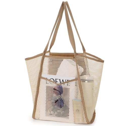 F-color Mesh Beach Bag for Women - Fashion MeshTote Bag for Beach Cruise Travel Swim Pool Bag for Towels Bottle and Vacation Essentials Creamy