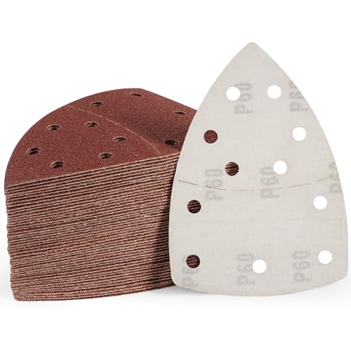 S SATC 50 PCS Mouse Sander Sandpaper 11 Holes 60 Grit Detail Sander Sandpaper Palm Sander Paper Hook and Loop Sander Pads Triangular Sanding Sheets