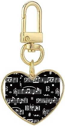 White Music Notes Bar Black Gold Heart Keychain Metal Keyring Holder image 2